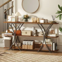 HOMCOM 71" Console Table, 3-Tier Industrial Entryway Table with 2 Storage Shelves for Living Room, Hallway, Rustic Brown(m-1)