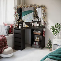 HOMCOM Corner Vanity Desk with Mirror, Makeup Vanity Table with 5 Drawers and Open Shelves, Dressing Table with 3-piece Mirror for Bedroom, Black(m-1)