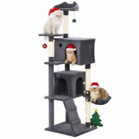 PawHut 63 Inch Cat Tree with Sisal Scratching Posts, Condos, Plush Perches, Hammock, Ladder, Dangling Balls, Dark Grey(m-11)