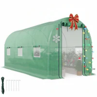 Outsunny Hoop House Greenhouse, Walk-in Tunnel Greenhouse with 2 Support Rods, Zippered Roll-up Mesh Door, 14.6'x6.5'x6.6', Green(m-11)