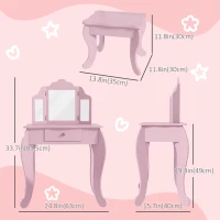 Qaba Kids Vanity Table and Stool, Makeup Vanity Girls Dressing Table Set with Tri-folding Mirrors Drawer Star and Heart Pattern, Pink(m-3)