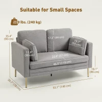 HOMCOM Loveseat Sofa, 55" Small Sofa Couch with 2 Pillows, Metal Legs for Living Room, Bedroom, Apartment, Grey(m-3)