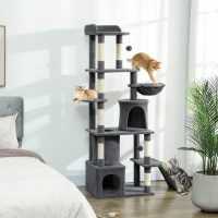 PawHut 67" Large Cat Tree with 7 Scratching Posts, Tunnel, 2 Condos, Hammock, Perch, Ramp, Pompoms, Dark Grey(m-8)