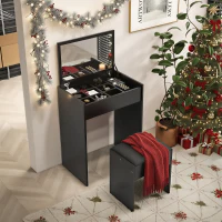 HOMCOM Modern Vanity Set with Makeup Table and Cushioned Stool, Dressing Table with Flip Top and Mirror for Bedroom, Black(m-1)