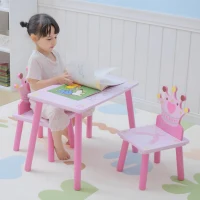 Qaba 3-Piece Set Kids Wooden Table Chair with Crown Pattern Easy to Clean Gift for Girls Toddlers Age 2-4 Years Old Pink(m-8)