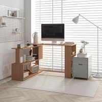 HOMCOM 360° Rotating Home Office Desk L Shaped Corner Computer Desk with Storage Shelves, Writing Table Workstation, Teak(m-10)