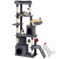 PawHut 67" Large Cat Tree with 7 Scratching Posts, Tunnel, 2 Condos, Hammock, Perch, Ramp, Pompoms, Dark Grey(m-11)