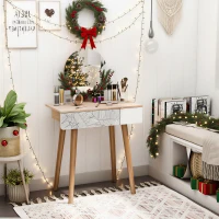 HOMCOM Vanity Desk with Mirror, Makeup Vanity with Drawer and Height Adjustable Mirror, Dressing Table with Wood Legs for Bedroom, Oak(m-1)