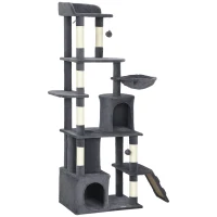 PawHut 67" Large Cat Tree with 7 Scratching Posts, Tunnel, 2 Condos, Hammock, Perch, Ramp, Pompoms, Dark Grey(m-2)