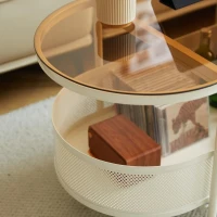 Oval Rolling Metal Coffee Table with 4 Swivel Casters, Tempered Glass Top, Storage Bin with Bottom Perforated, 35.5" L x 18" W x 18" H, White(m-6)