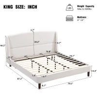 King Size Upholstered Platform Bed with Wingback Headboard, Double Bed with Solid Rubberwood Legs, 87'' L x 79.5'' W x 44.5'' H, White(m-3)