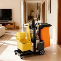 HOMCOM Commercial Janitorial Cart with 3 Tier Shelves, Cleaning Cart with Rubbish Bag and Mop Mount for Hotel Restaurant, Black(m-1)