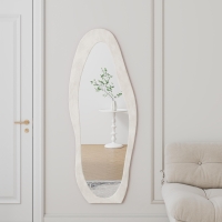 Full-Length Mirror with Flannel-Wrapped Wooden Frame, Irregular Wavy Design, Tempered Glass for Living Room, 63" L x 24" W x 2.5" H, White