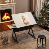 Adjustable Drafting Table Desk with Tilt Top, 2 Large Fabric Drawers, Drawing Desk with Side Pen Storage, 38.5" L x 23.5" W x 27" - 36" H, White(m-4)