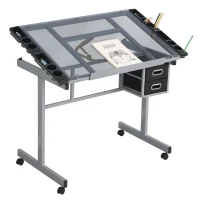 Adjustable Drafting Table Desk with 2 Fabric Drawers, 4 Locking Casters, Drawing Desk with Pencil Ledges, 40.5" L x 23.5" W x 31" H, Silver grey(m-2)