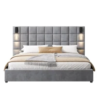 Queen Platform Bed Frame with Built-in Reading Lamps and USB Port, Platform Bed with High Headboard, 84.5'' L x 92'' W x 45.5'' H, Gray(m-2)