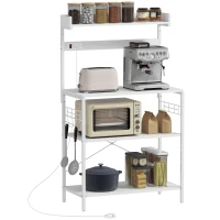 HOMCOM Kitchen Baker's Rack with Power Outlet, Coffee Bar Station with Adjustable Shelves and Hooks, Distressed White(m-11)