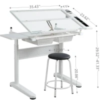 Hand-Crank Adjustable Drafting Table with 2 Drawers, Pull-Out MDF Side Shelf, Tempered Glass Top Desk for Kids, 38" L x 23.5" W x 29.5" H, White(m-3)