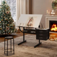 Adjustable Drafting Table with Stool and 3 Hanging Fabric Drawers, Desk for Drawing, Crafting & Reading, 45.5" L x 23.5" W x 30" H, Black+White(m-6)
