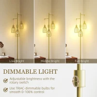 HOMCOM Industrial Floor Lamp with 3 Hanging Wire Lampshades, Dimmable Standing Lamp for Living Room, Gold(m-4)