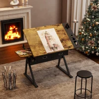 Adjustable Drafting Table Desk with 2 Large Fabric Drawers and Stool, Drawing Desk with Adjustable Leg Levelers, 38.5" L x 23.5" W x 27" H, Black(m-4)