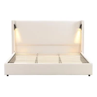 King Bed Frame with Adjustable Reading Lamp and USB Charging Port, Platform Bed with Wingback Headboard, 86'' L x 83.5'' W x 49'' H, Beige(m-2)