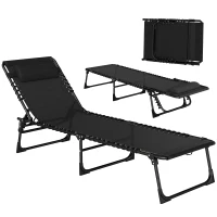 Outsunny Outdoor Folding Lounge Chair, 4-Level Adjustable Chaise Lounge with Headrest, Tanning Chair Beach Bed Reclining Lounger Cot for Camping, Hiking, Backyard, Black(m-2)