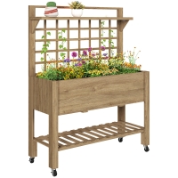 Outsunny 41" Raised Garden Bed Mobile Elevated Wooden Planter Box Stand with Wheels, Trellis and Storage Shelf, Dark Brown