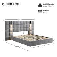 Queen Platform Bed Frame with Built-in Reading Lamps and USB Port, Platform Bed with High Headboard, 84.5'' L x 92'' W x 45.5'' H, Gray(m-3)