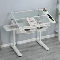 Hand-Crank Adjustable Drafting Table with 2 Drawers, Pull-Out MDF Side Shelf, Tempered Glass Top Desk for Kids, 38" L x 23.5" W x 29.5" H, White(m-4)