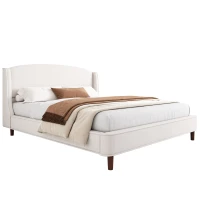 King Size Upholstered Platform Bed with Wingback Headboard, Double Bed with Solid Rubberwood Legs, 87'' L x 79.5'' W x 44.5'' H, White(m-11)