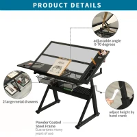 Hand-Crank Adjustable Drafting Table with 2 Large Metal Drawers, Drawing Desk with Tempered Glass Top, 40" L x 23.5" W x 29.5" H, Black(m-5)