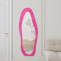 Full-Length Mirror with Flannel-Wrapped Wooden Frame, Irregular Wavy Design, Tempered Glass for Living Room, 63" L x 24" W x 2.5" H, Rose Pink(m-1)