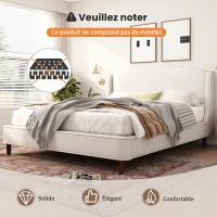 King Size Upholstered Platform Bed with Wingback Headboard, Double Bed with Solid Rubberwood Legs, 87'' L x 79.5'' W x 44.5'' H, White(m-4)
