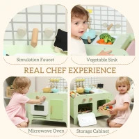 Qaba Kids Kitchen Playset with 15 Accessories, Microwave Oven, Cabinets, for Boys and Girls Ages 3+, Green(m-4)