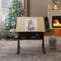 Adjustable Drafting Table Desk with Tilt Top, 2 Large Fabric Drawers, Drawing Desk with Side Pen Storage, 38.5" L x 23.5" W x 27" - 36" H, Maple(m-4)