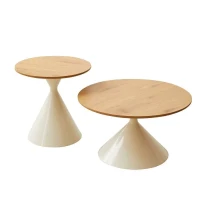 2-Piece Round Nesting Coffee Table Set with Curved Inset Edges, Tea Table Set with MDF Tops, 27.5" L x 27.5" W x 16" H, Brown+White(m-12)