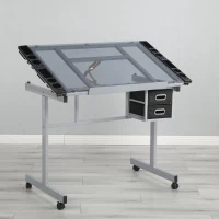 Adjustable Drafting Table Desk with 2 Fabric Drawers, 4 Locking Casters, Drawing Desk with Pencil Ledges, 40.5" L x 23.5" W x 31" H, Silver grey(m-1)