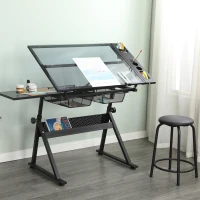 Adjustable Tempered Glass Drafting Table with 2 Large Metal Drawers and Stool, Desk with Side Storage Rails, 40" L x 23.5" W x 27.5" H, Black(m-4)