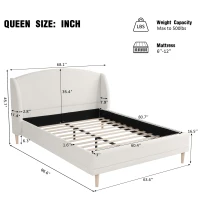 Hazel Queen Bed Frame with Soft Boucle Wingback Headboard, Upholstered Platform Bed with Wood Slats, 86.5'' L x 68'' W x 45.5'' H, White(m-3)