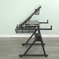 Adjustable Tempered Glass Drafting Table with 2 Large Metal Drawers and Stool, Desk with Side Storage Rails, 40" L x 23.5" W x 27.5" H, Black(m-9)