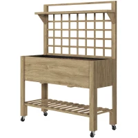 Outsunny 41" Raised Garden Bed Mobile Elevated Wooden Planter Box Stand with Wheels, Trellis and Storage Shelf, Dark Brown(m-11)