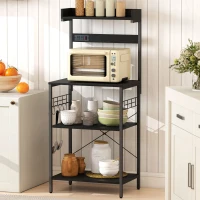 HOMCOM Kitchen Baker's Rack with Power Outlet, Coffee Bar Station with Adjustable Shelves and Hooks, Distressed Black(m-1)