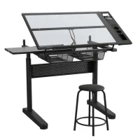 Hand-Crank Adjustable Drafting Table with 2 Drawers, Pull-Out MDF Side Shelf, Tempered Glass Top Desk for Kids, 38" L x 23.5" W x 29.5" H, Black(m-2)