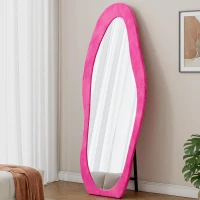 Full-Length Mirror with Flannel-Wrapped Wooden Frame, Irregular Wavy Design, Tempered Glass for Living Room, 63" L x 24" W x 2.5" H, Rose Pink(m-6)