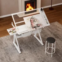Hand-Crank Adjustable Drafting Table with 2 Large Metal Drawers, Drawing Desk with Tempered Glass Top, 40" L x 23.5" W x 29.5" H, White(m-5)