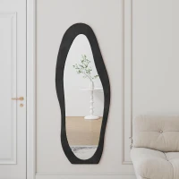 Full-Length Mirror with Flannel-Wrapped Wooden Frame, Irregular Wavy Design, Tempered Glass for Living Room, 63" L x 24" W x 2.5" H, Black(m-1)