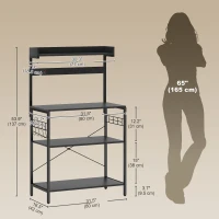 HOMCOM Kitchen Baker's Rack with Power Outlet, Coffee Bar Station with Adjustable Shelves and Hooks, Distressed Black(m-3)