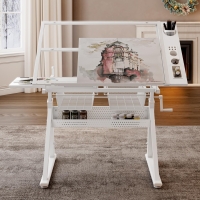 Hand-Crank Adjustable Drafting Table with 2 Large Metal Drawers, Drawing Desk with Tempered Glass Top, 40" L x 23.5" W x 29.5" H, White
