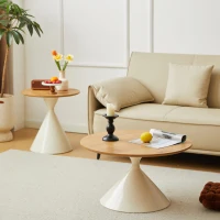 2-Piece Round Nesting Coffee Table Set with Curved Inset Edges, Tea Table Set with MDF Tops, 27.5" L x 27.5" W x 16" H, Brown+White(m-7)